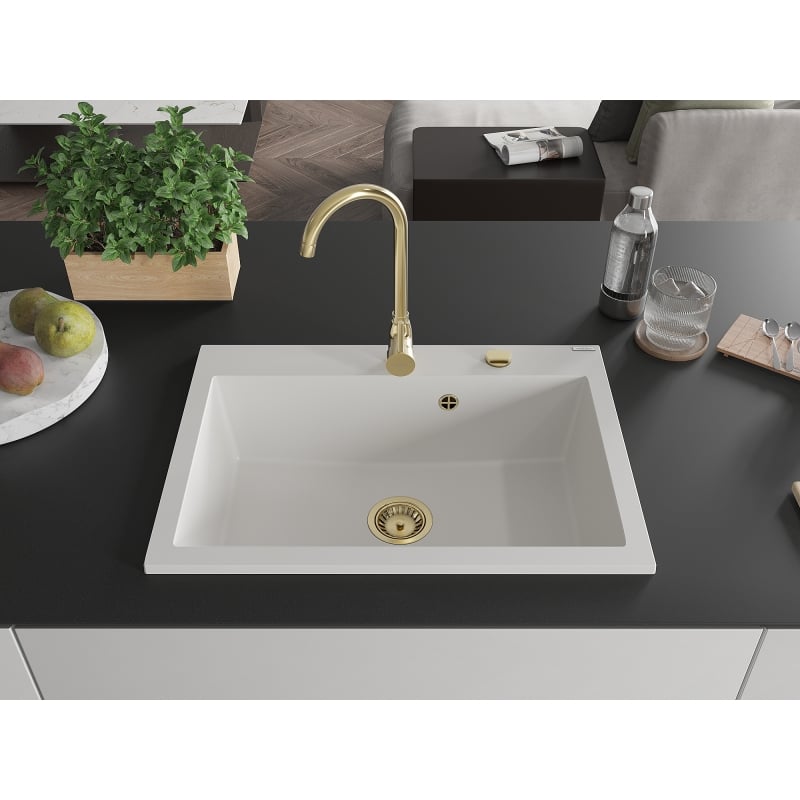 Mexen Elix Granitspüle 1-becken 700 x 500 mm, weiß, goldener Siphon - 6526701005-20-G