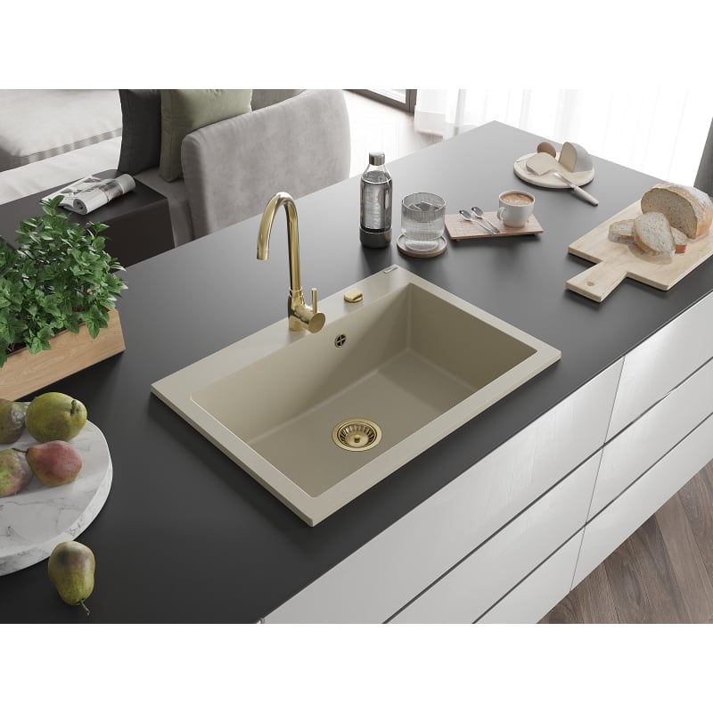 Mexen Elix Granitspüle 1-beckig 700 x 500 mm, beige, goldener Siphon - 6526701005-69-G