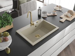 Mexen Elix Granitspüle 1-beckig 700 x 500 mm, beige, goldener Siphon - 6526701005-69-G