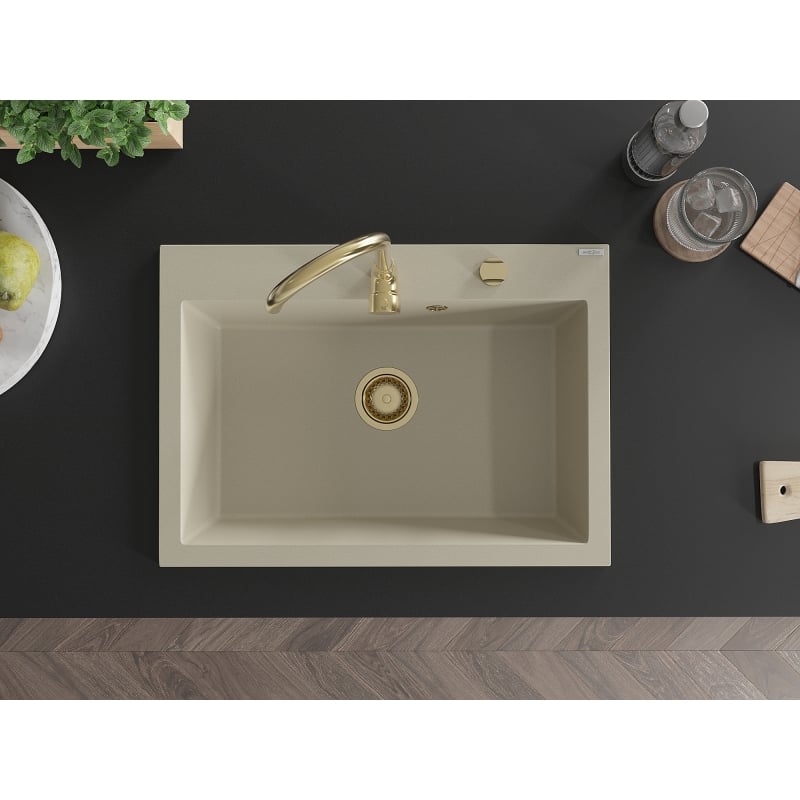 Mexen Elix Granitspüle 1-beckig 700 x 500 mm, beige, goldener Siphon - 6526701005-69-G
