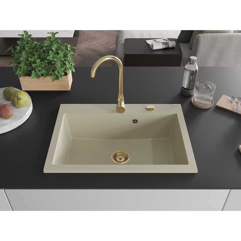 Mexen Elix Granitspüle 1-beckig 700 x 500 mm, beige, goldener Siphon - 6526701005-69-G