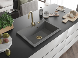 Mexen Elix Granitspüle 1-beckig 700 x 500 mm, grau, goldener Siphon - 6526701005-71-G