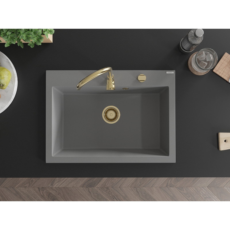 Mexen Elix Granitspüle 1-beckig 700 x 500 mm, grau, goldener Siphon - 6526701005-71-G