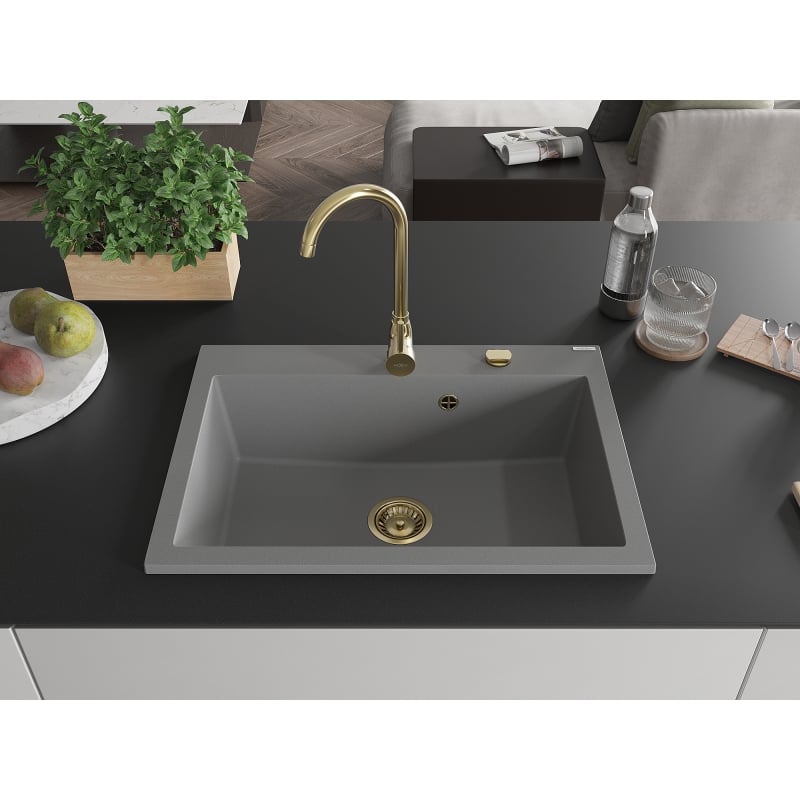 Mexen Elix Granitspüle 1-beckig 700 x 500 mm, grau, goldener Siphon - 6526701005-71-G