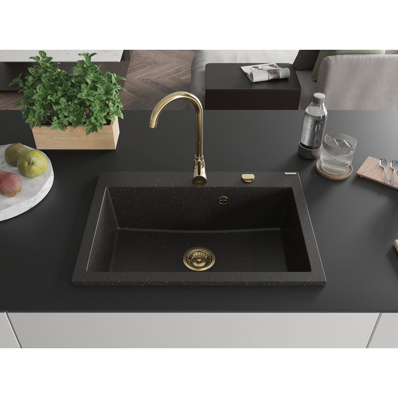 Mexen Elix Granitspüle 1-Becken 700 x 500 mm, schwarz/gold metallic, goldener Siphon - 6526701005-75-G