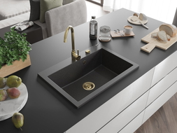 Mexen Elix Granitspüle 1-beckig 700 x 500 mm, schwarz gesprenkelt, goldener Siphon - 6526701005-76-G