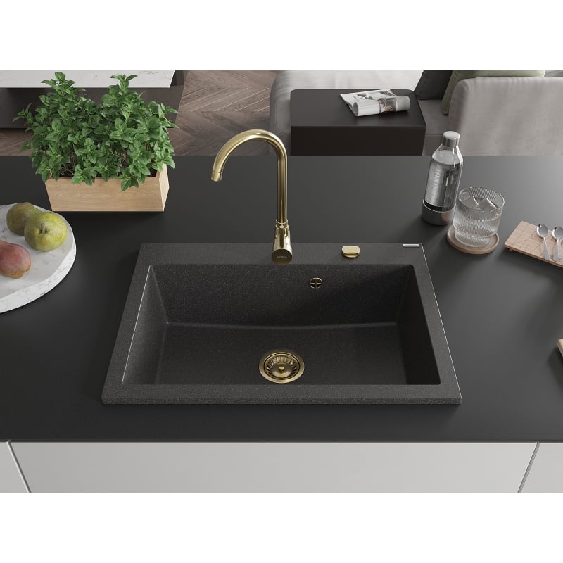 Mexen Elix Granitspüle 1-beckig 700 x 500 mm, schwarz gesprenkelt, goldener Siphon - 6526701005-76-G