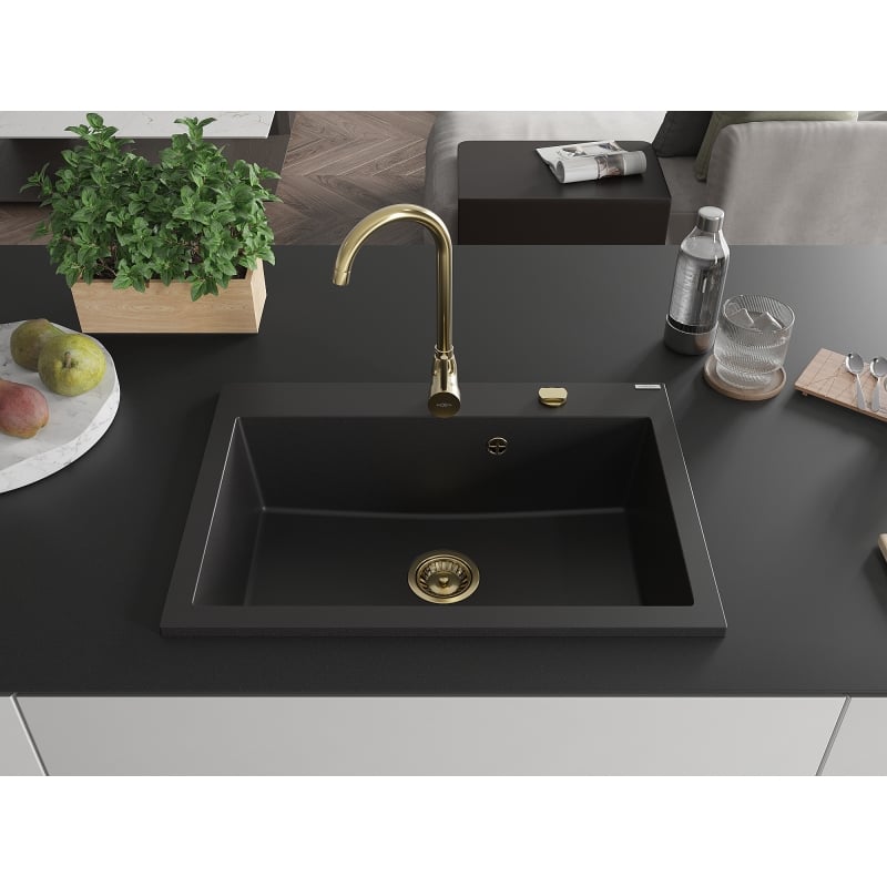 Mexen Elix Granitspüle mit einer Kammer 700 x 500 mm, schwarz, goldener Siphon - 6526701005-77-G