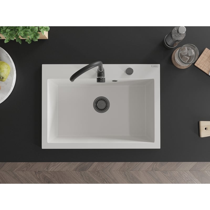 Mexen Elix Granitspüle 1-Becken 700 x 500 mm, weiß, schwarzer Siphon - 6526701005-20-B