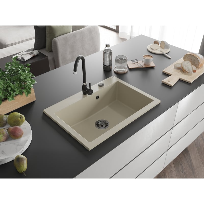 Mexen Elix Granitspüle 1-beckig 700 x 500 mm, beige, schwarzer Siphon - 6526701005-69-B
