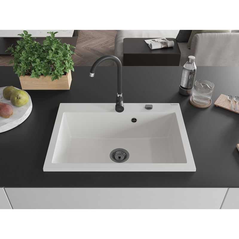 Mexen Elix Granitspüle 1-Becken 700 x 500 mm, weiß, schwarzer Siphon - 6526701005-20-B