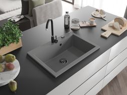 Mexen Elix Granitspüle 1-beckig 700 x 500 mm, Grau, schwarzer Siphon - 6526701005-71-B