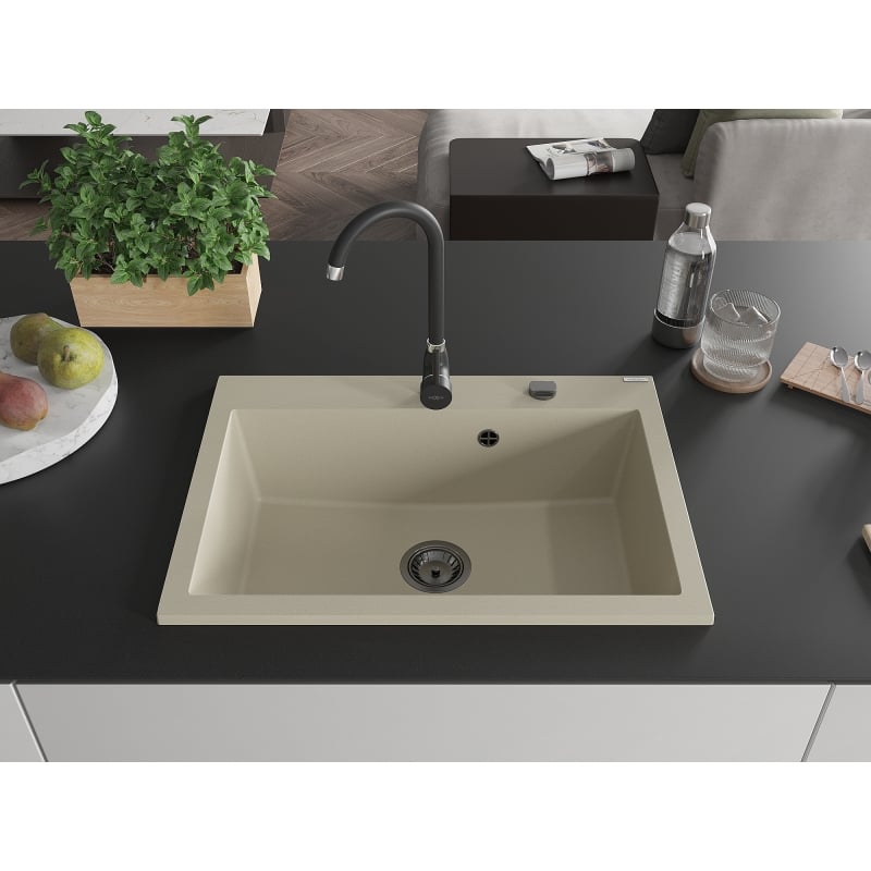 Mexen Elix Granitspüle 1-beckig 700 x 500 mm, beige, schwarzer Siphon - 6526701005-69-B
