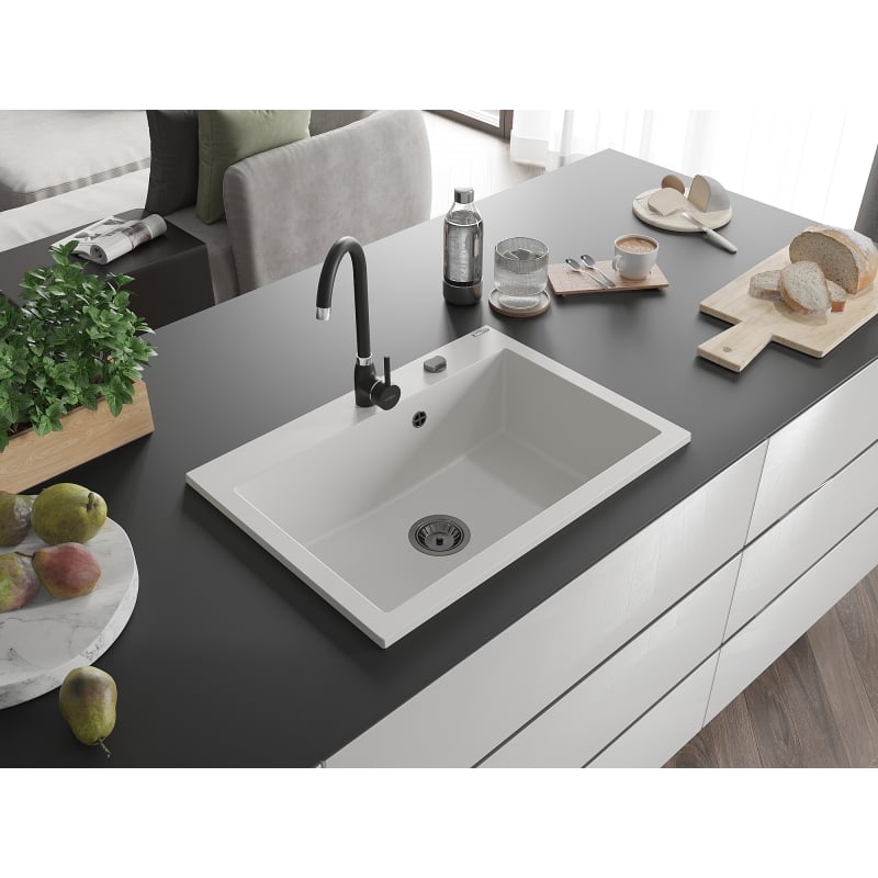Mexen Elix Granitspüle 1-Becken 700 x 500 mm, weiß, schwarzer Siphon - 6526701005-20-B