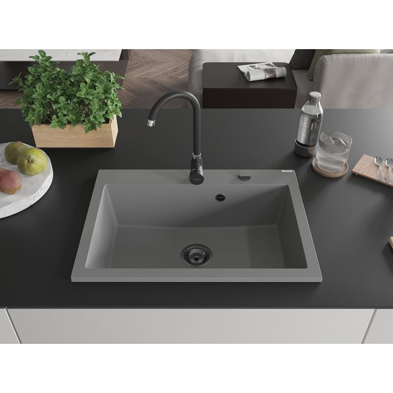 Mexen Elix Granitspüle 1-beckig 700 x 500 mm, Grau, schwarzer Siphon - 6526701005-71-B
