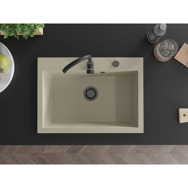 Mexen Elix Granitspüle 1-beckig 700 x 500 mm, beige, schwarzer Siphon - 6526701005-69-B