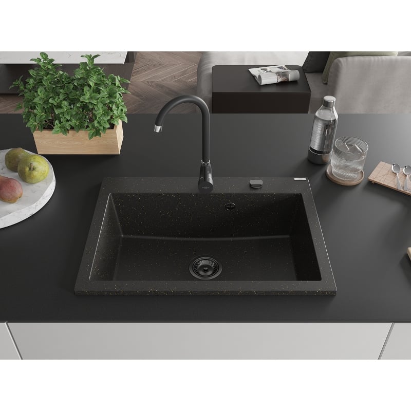 Mexen Elix Granitspüle 1-fach 700 x 500 mm, schwarz/gold metallic, schwarzer Siphon - 6526701005-75-B
