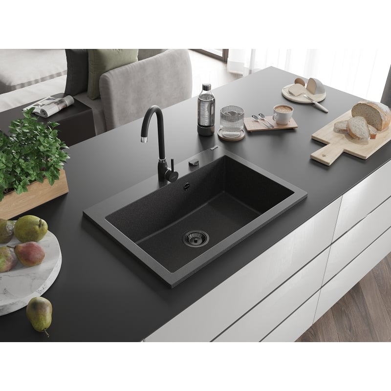 Mexen Elix Granitspüle, 1-beckig, 700 x 500 mm, schwarz gesprenkelt, schwarzer Siphon - 6526701005-76-B