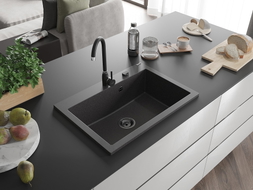 Mexen Elix Granitspüle, 1-beckig, 700 x 500 mm, schwarz gesprenkelt, schwarzer Siphon - 6526701005-76-B