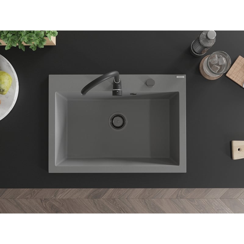 Mexen Elix Granitspüle 1-beckig 700 x 500 mm, Grau, schwarzer Siphon - 6526701005-71-B