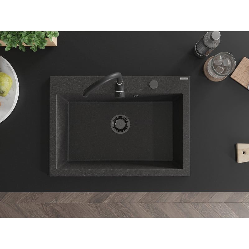 Mexen Elix Granitspüle, 1-beckig, 700 x 500 mm, schwarz gesprenkelt, schwarzer Siphon - 6526701005-76-B
