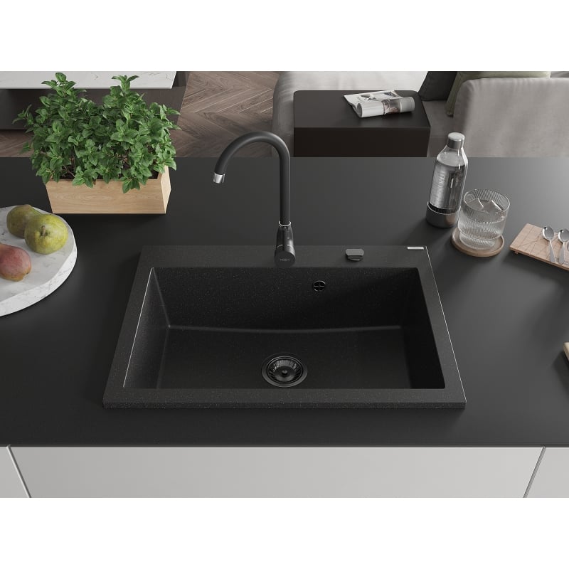 Mexen Elix Granitspüle, ein Becken, 700 x 500 mm, schwarz/silberner Metallic-Look, schwarzer Siphon - 6526701005-73-B