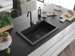 Mexen Elix Granitspüle, ein Becken, 700 x 500 mm, schwarz/silberner Metallic-Look, schwarzer Siphon - 6526701005-73-B