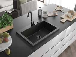 Mexen Elix Granitspüle 1-fach 700 x 500 mm, schwarz/gold metallic, schwarzer Siphon - 6526701005-75-B