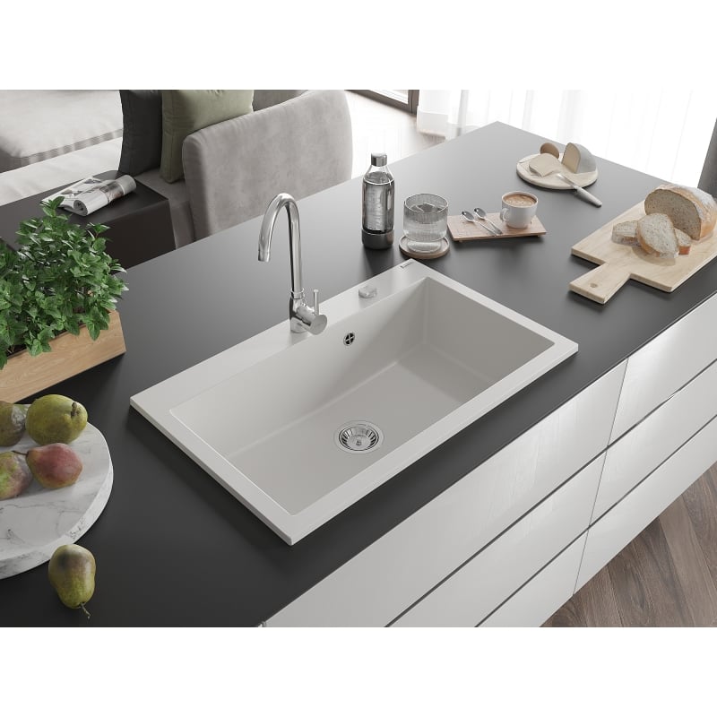 Mexen Elix Granitspüle 1-beckig 800 x 500 mm, weiß, Siphon Chrom - 6527801005-20