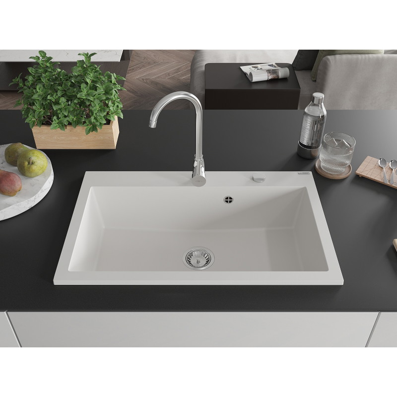 Mexen Elix Granitspüle 1-beckig 800 x 500 mm, weiß, Siphon Chrom - 6527801005-20