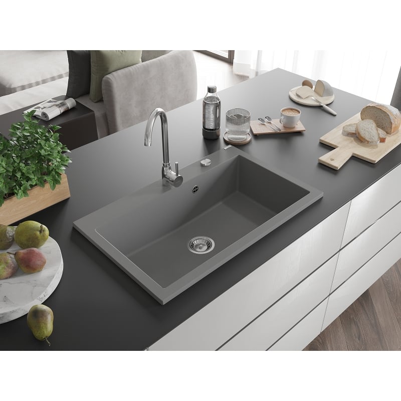 Mexen Elix Granitspüle 1-becken 800 x 500 mm, grau, Siphon chrom - 6527801005-71