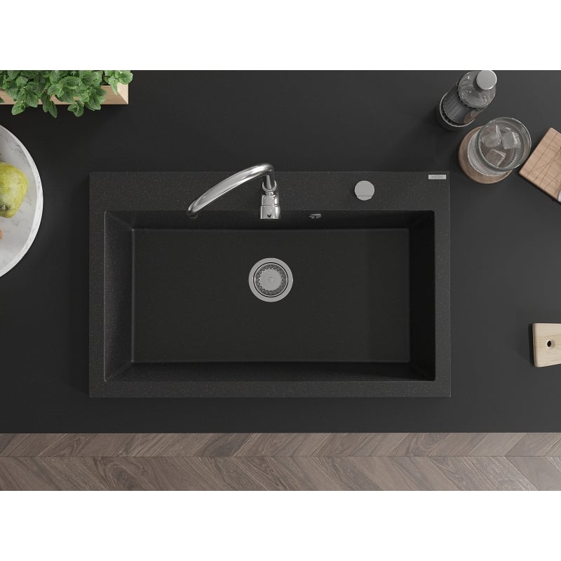 Mexen Elix Granitspüle 1-Becken 800 x 500 mm, schwarz/silber metallic, Chrom Siphon - 6527801005-73