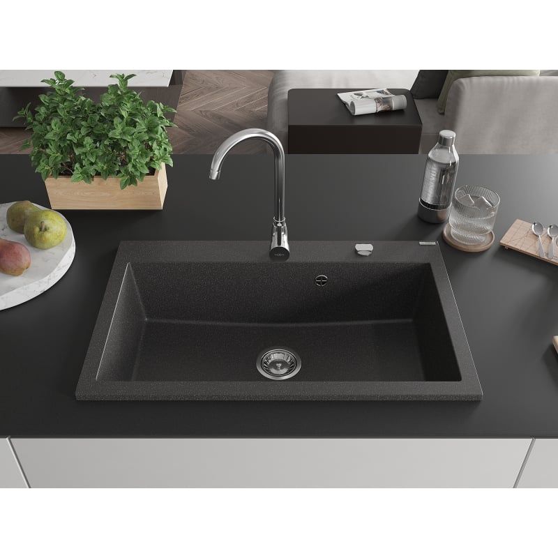 Mexen Elix Granitspüle 1-becken 800 x 500 mm, schwarz gesprenkelt, Chromsiphon - 6527801005-76