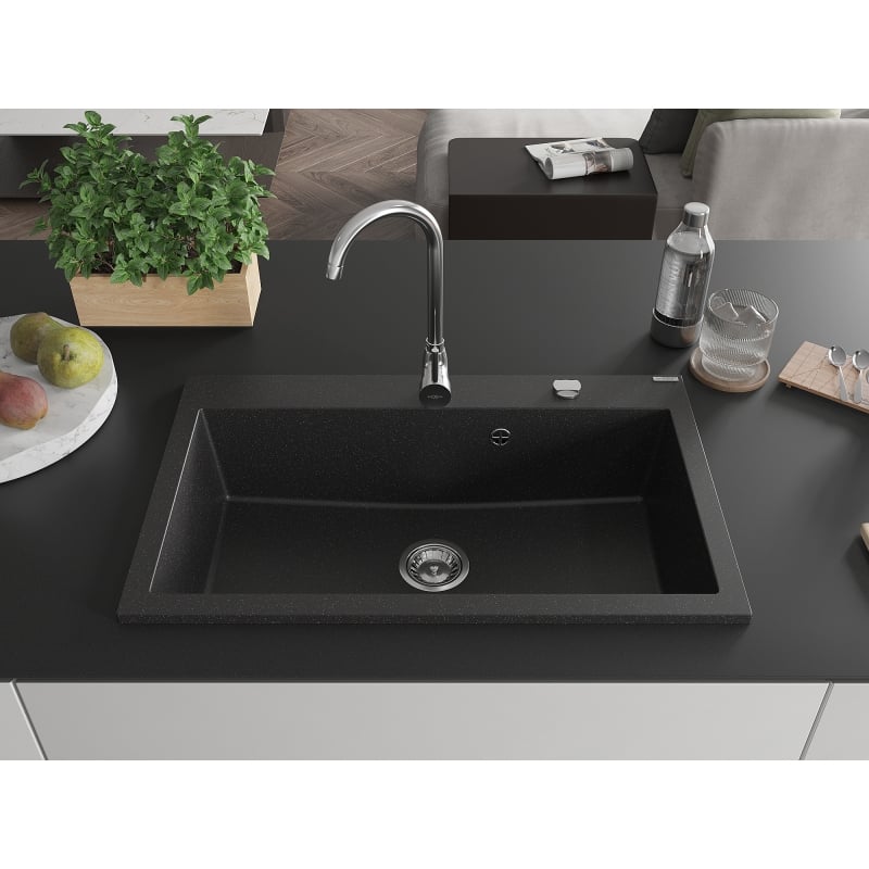Mexen Elix Granitspüle 1-Becken 800 x 500 mm, schwarz/silber metallic, Chrom Siphon - 6527801005-73