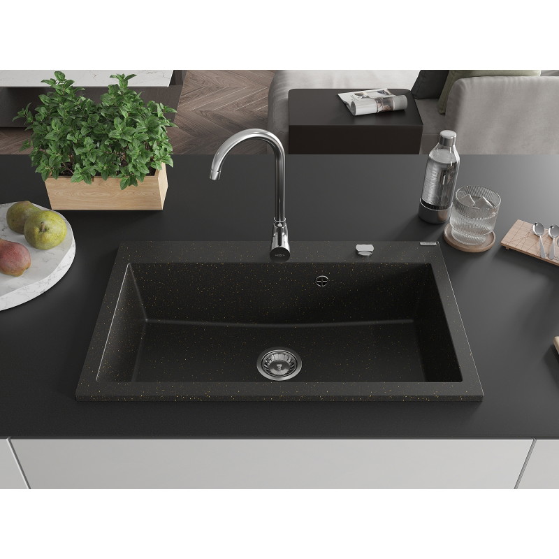 Mexen Elix Granitspüle 1-Becken 800 x 500 mm, Schwarz/Gold Metallic, Chrom Siphon - 6527801005-75