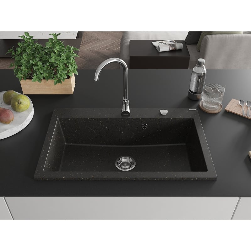 Mexen Elix Granitspüle 1-beckig 800 x 500 mm, schwarz/gold metallisch, Siphon Chrom - 6527801005-75