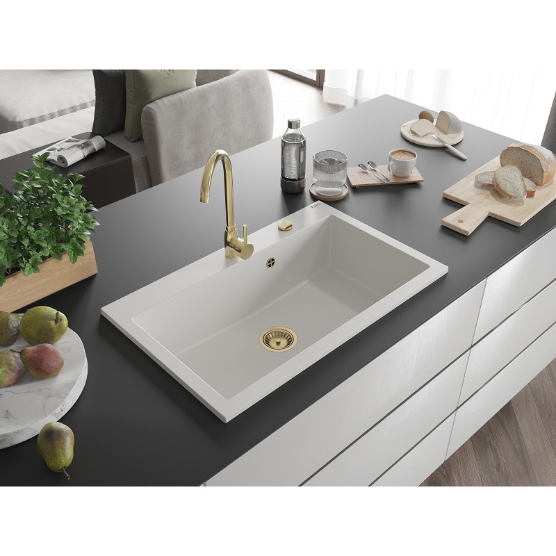 Mexen Elix Granitspüle 1-becken 800 x 500 mm, weiß, goldener Siphon - 6527801005-20-G