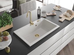 Mexen Elix Granitspüle 1-becken 800 x 500 mm, weiß, goldener Siphon - 6527801005-20-G