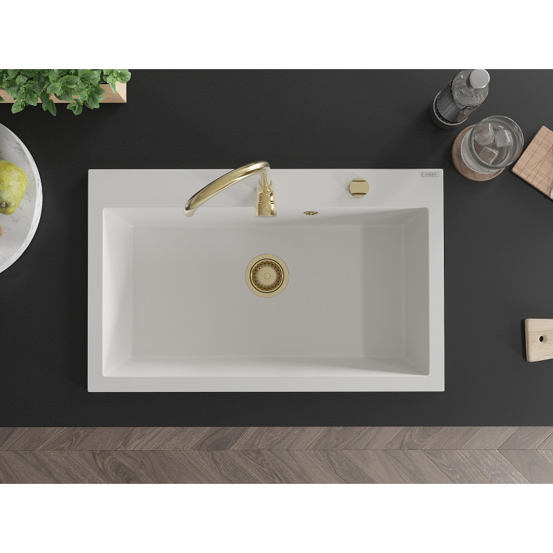 Mexen Elix Granitspüle 1-becken 800 x 500 mm, weiß, goldener Siphon - 6527801005-20-G