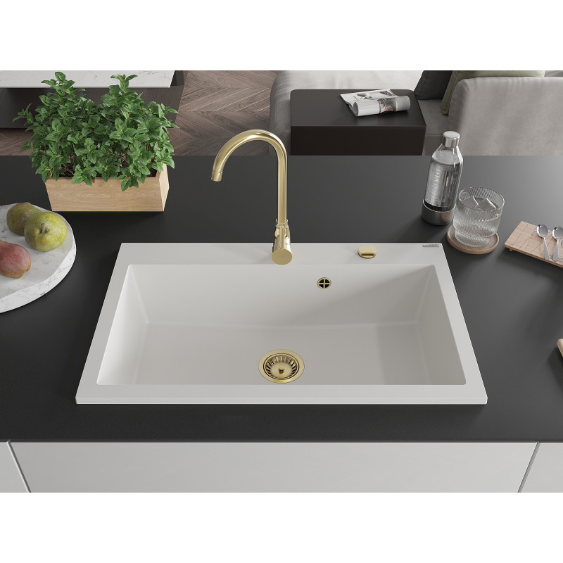 Mexen Elix Granitspüle 1-becken 800 x 500 mm, weiß, goldener Siphon - 6527801005-20-G