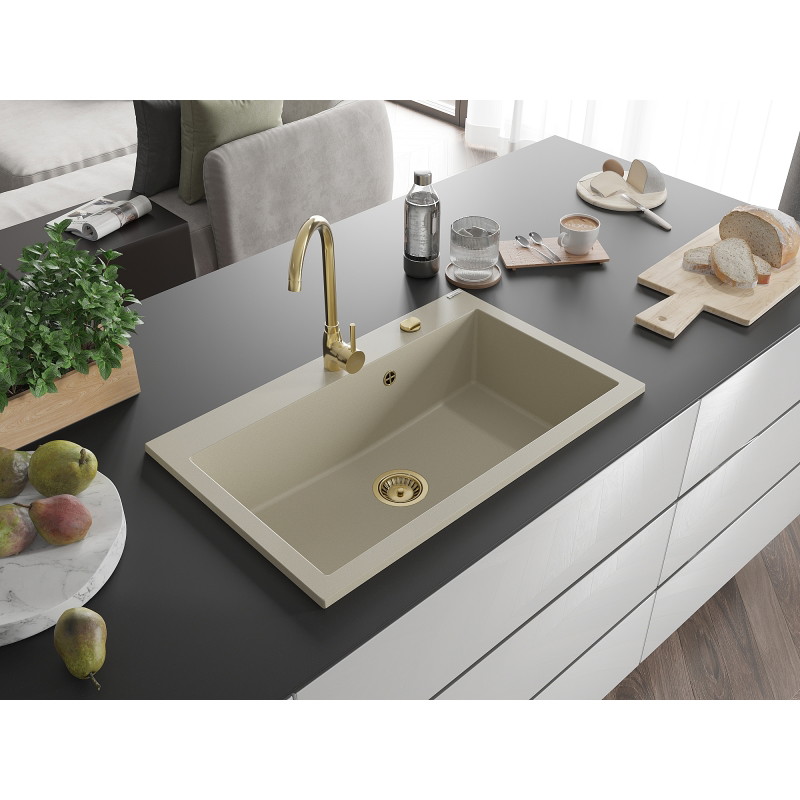 Mexen Elix Granitspüle 1-becken 800 x 500 mm, beige, Siphon gold - 6527801005-69-G