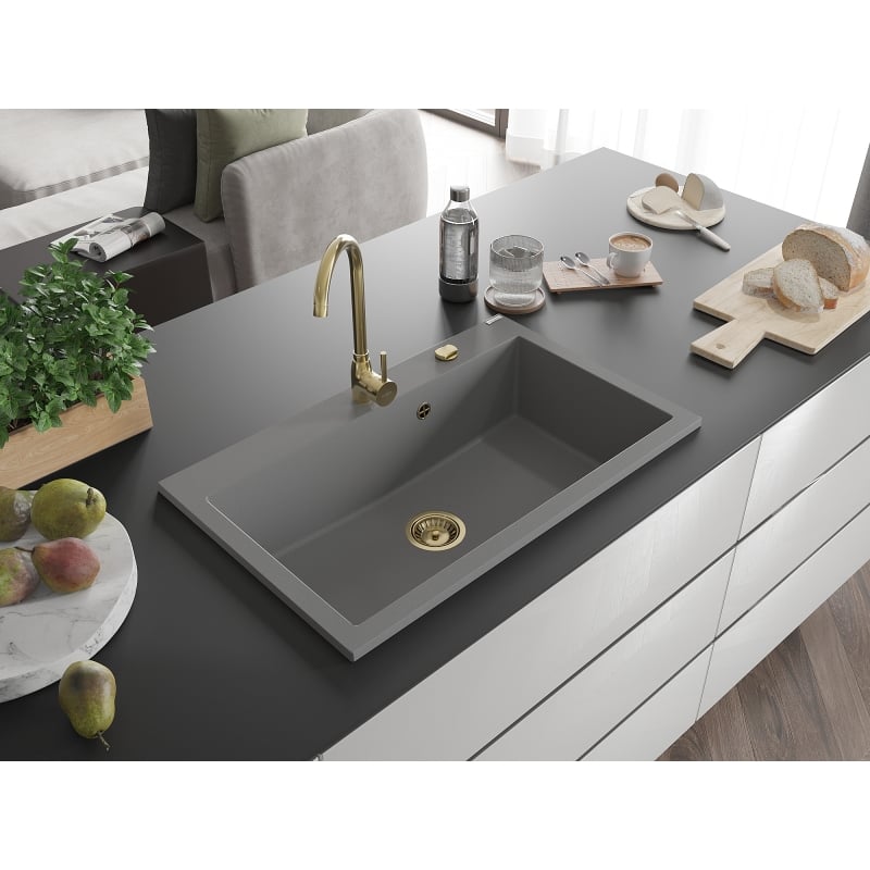 Mexen Elix Granitspüle 1-beckig 800 x 500 mm, grau, goldener Siphon - 6527801005-71-G