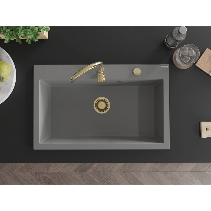Mexen Elix Granitspüle 1-beckig 800 x 500 mm, grau, goldener Siphon - 6527801005-71-G