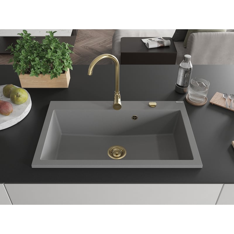 Mexen Elix Granitspüle 1-beckig 800 x 500 mm, grau, goldener Siphon - 6527801005-71-G
