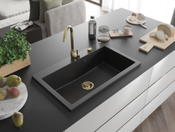 Mexen Elix Granitspüle, 1-Becken, 800 x 500 mm, schwarz/silber metallic, goldener Siphon - 6527801005-73-G