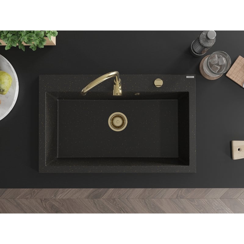 Mexen Elix Granitspüle 1-becken 800 x 500 mm, schwarz/gold metallic, goldener Siphon - 6527801005-75-G