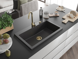 Mexen Elix Granitspüle 1-Becken 800 x 500 mm, schwarz gesprenkelt, goldener Siphon - 6527801005-76-G