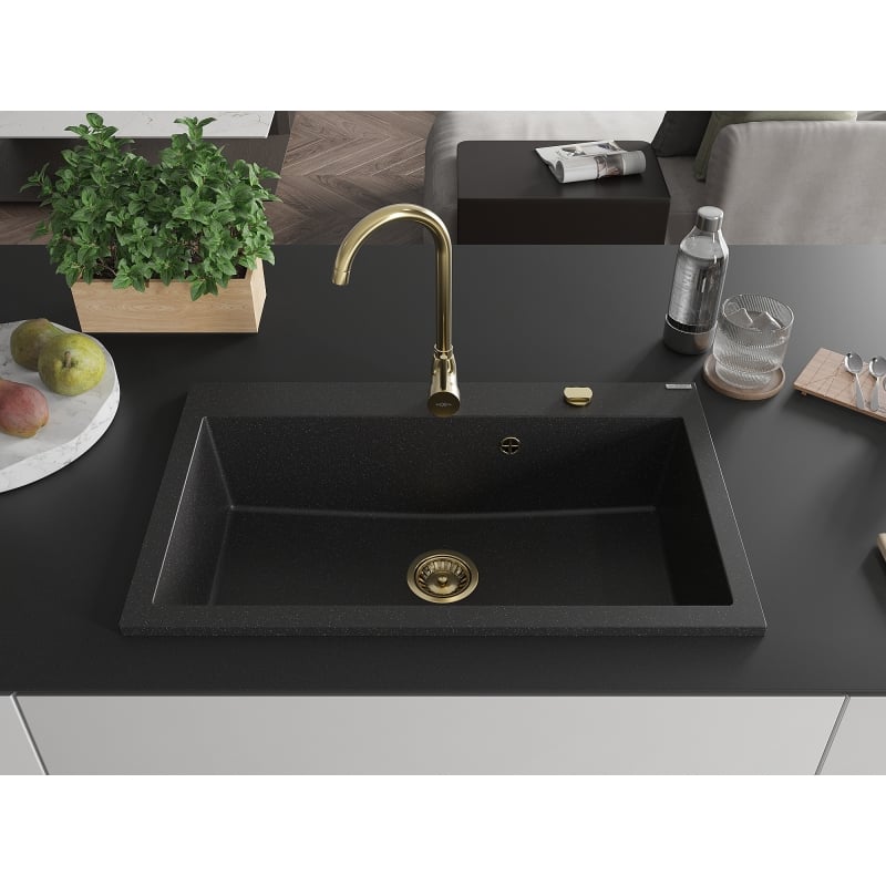 Mexen Elix Granitspüle, 1-Becken, 800 x 500 mm, schwarz/silber metallic, goldener Siphon - 6527801005-73-G