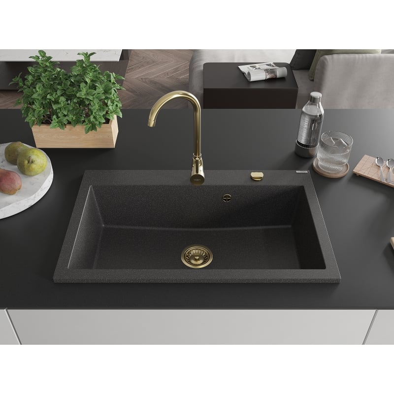 Mexen Elix Granitspüle 1-Becken 800 x 500 mm, schwarz gesprenkelt, goldener Siphon - 6527801005-76-G