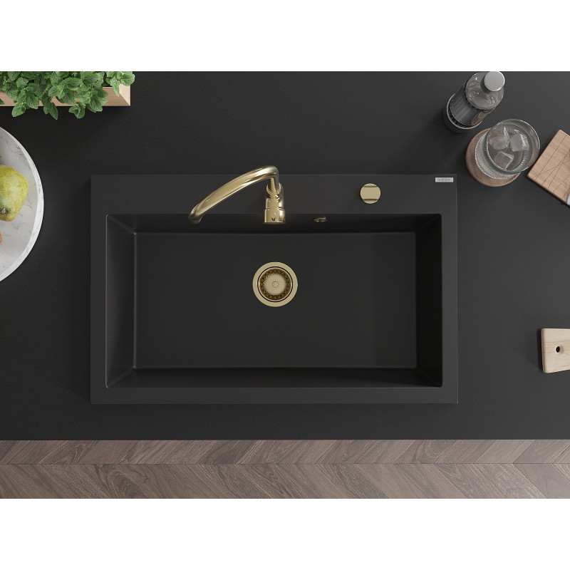 Mexen Elix Granitspüle 1-Kammer 800 x 500 mm, schwarz, Siphon gold - 6527801005-77-G